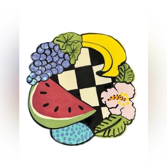POST-MODERN 1980’s FRUIT CHECKS ARTIST SIGNED CHECKER-PAINTED Serving Plate 10” - Picture 1 of 6